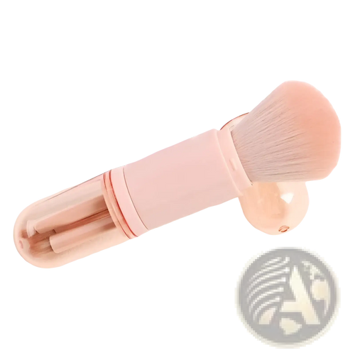 Pink translucent cylindrical plastic makeup brush case with matching blush brush featuring peach bristles for travel use