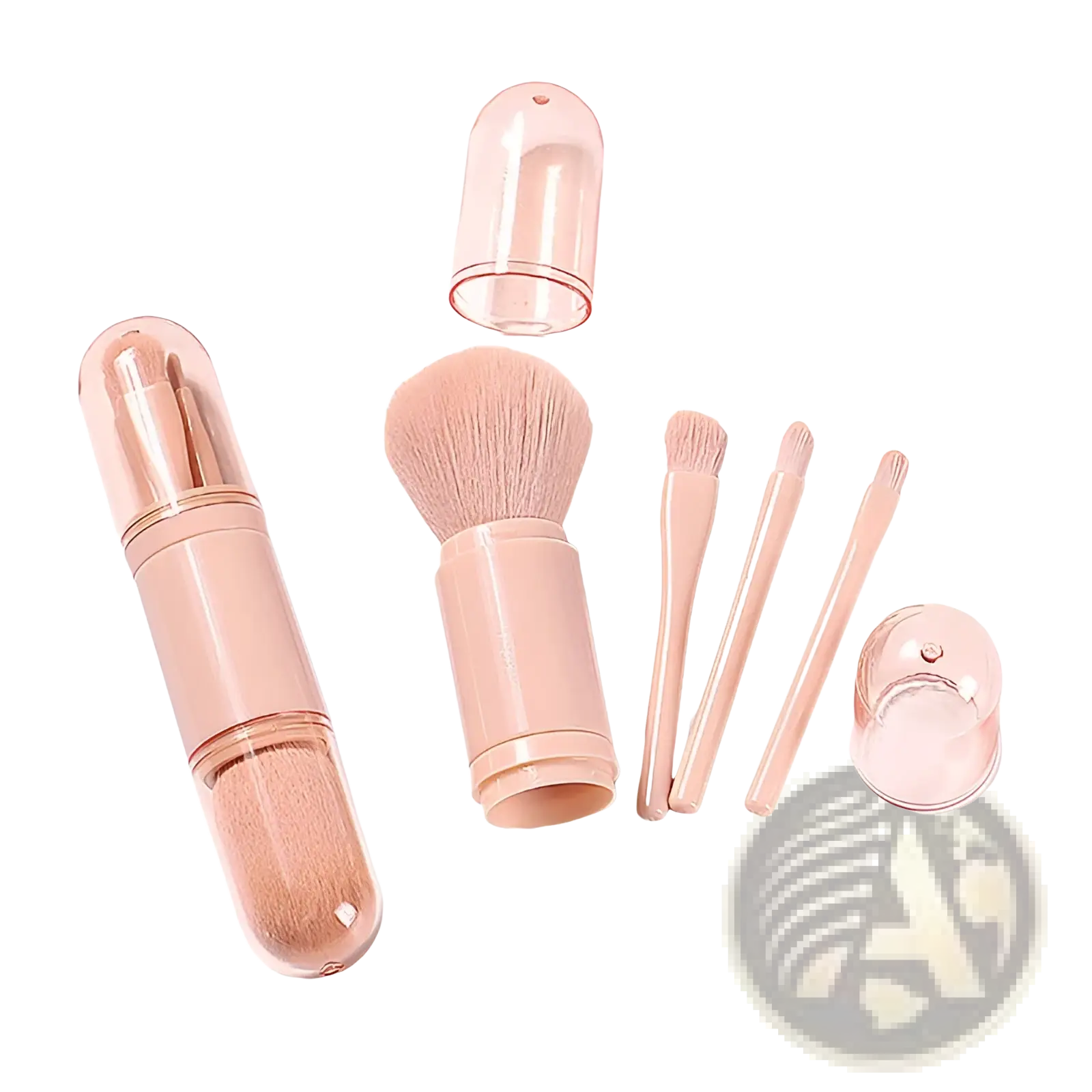 Pink 4 in 1 portable travel makeup brush set with translucent storage case and matching caps for easy organization