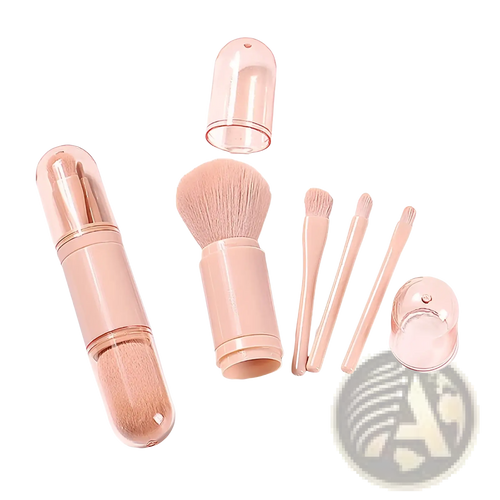 Pink 4 in 1 portable travel makeup brush set with translucent storage case and matching caps for easy organization