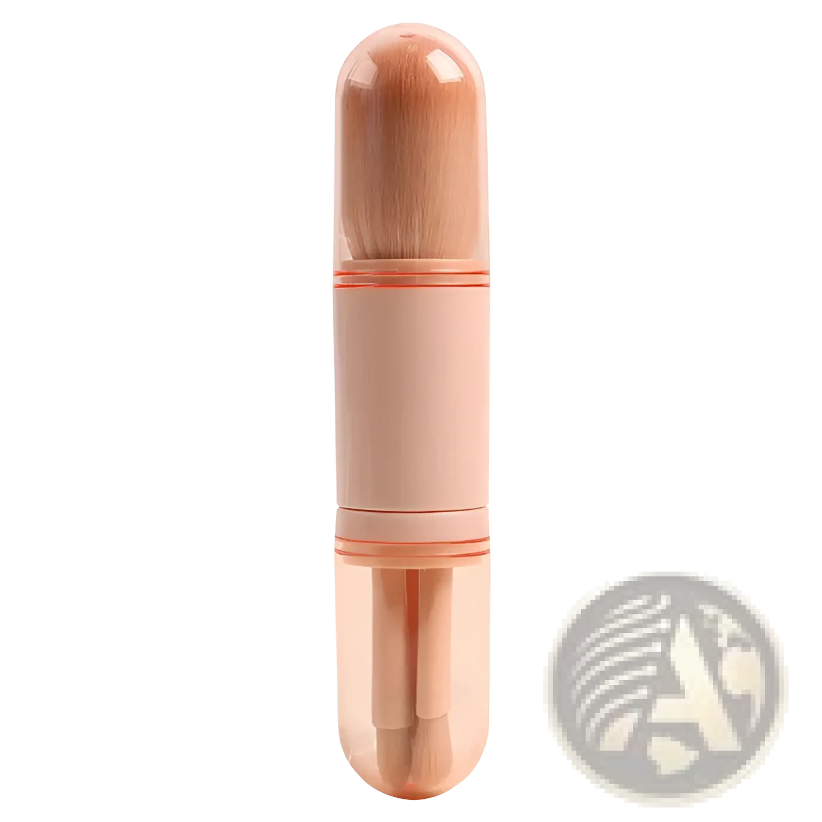 A peach-colored translucent cylindrical makeup brush case with rounded top and bottom for travel storage
