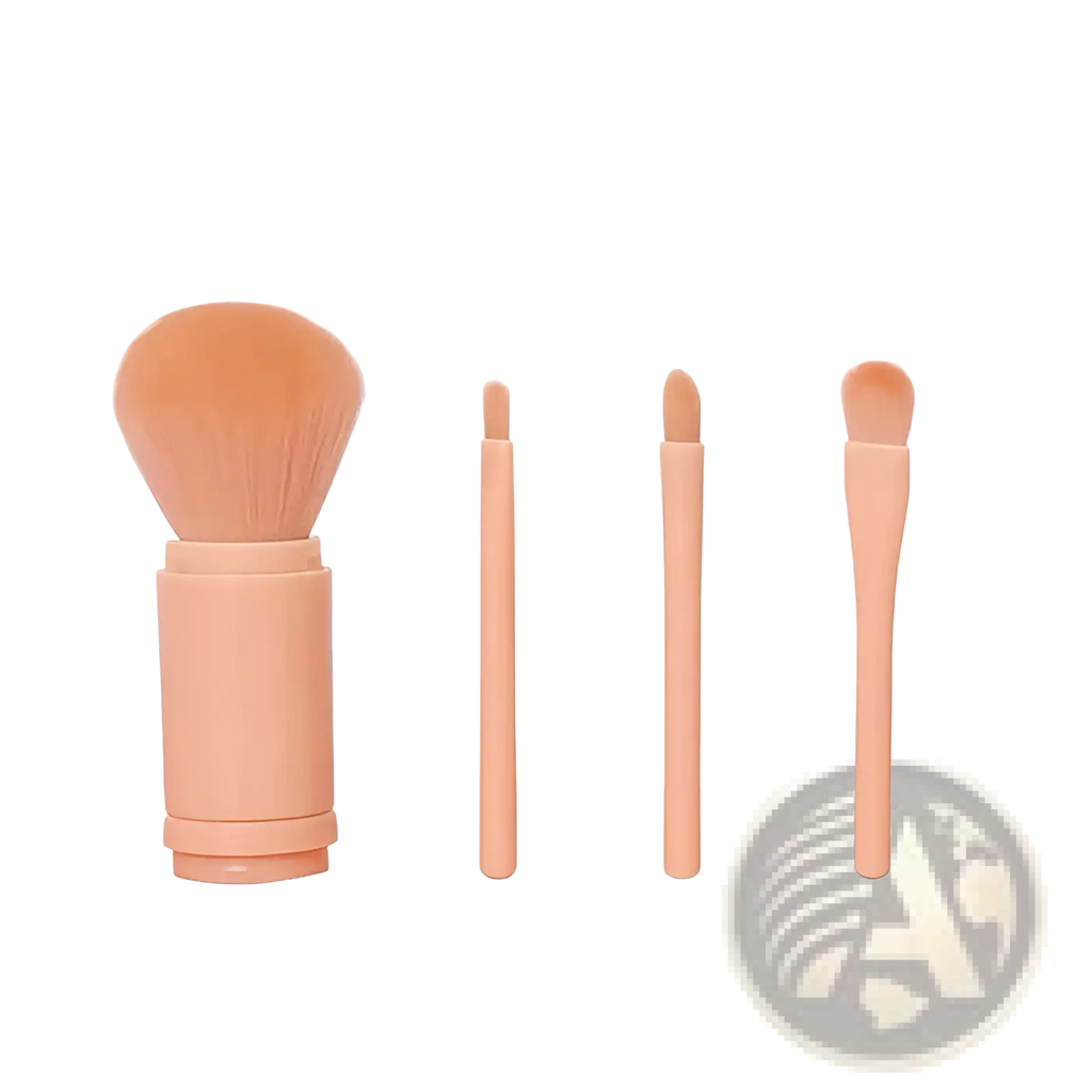 Set of four peach-colored plastic makeup brushes with soft bristles in a 4 in 1 portable travel brush set