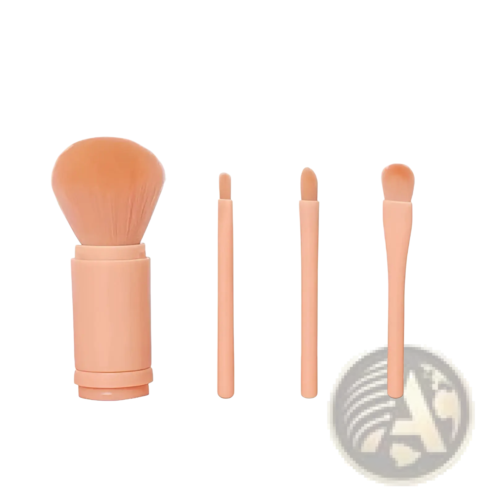 Set of four peach-colored plastic makeup brushes with soft bristles in a 4 in 1 portable travel brush set