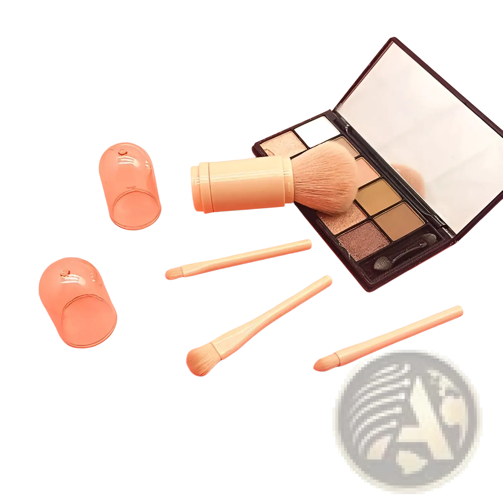 Beige cylindrical makeup brush with soft bristles and matching handle beside open eyeshadow palette from 4 in 1 portable travel makeup brush set with storage case