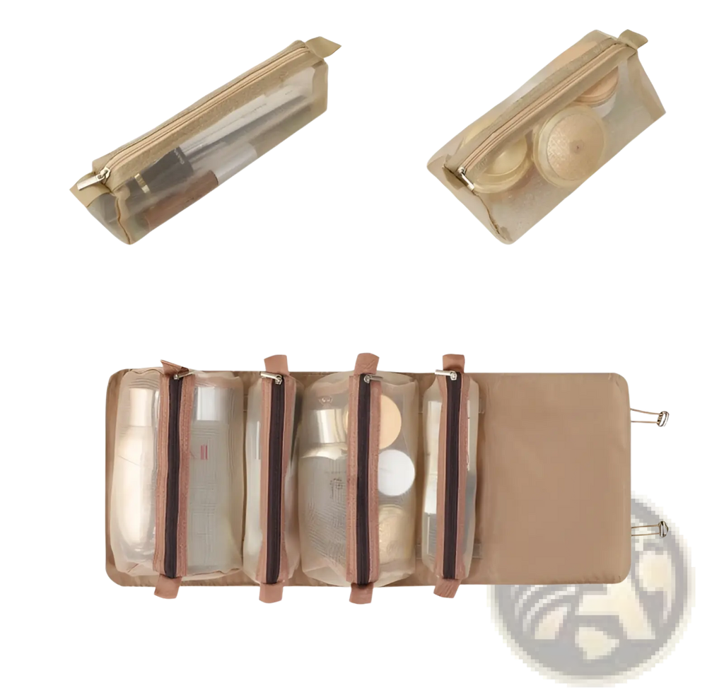 Beige mesh 4 in 1 travel makeup bag roll up toiletry organizer with zippered compartments and foldable design
