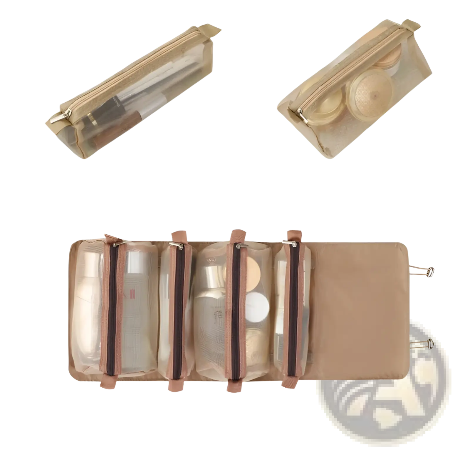 Beige mesh 4 in 1 travel makeup bag roll up toiletry organizer with zippered compartments and foldable design