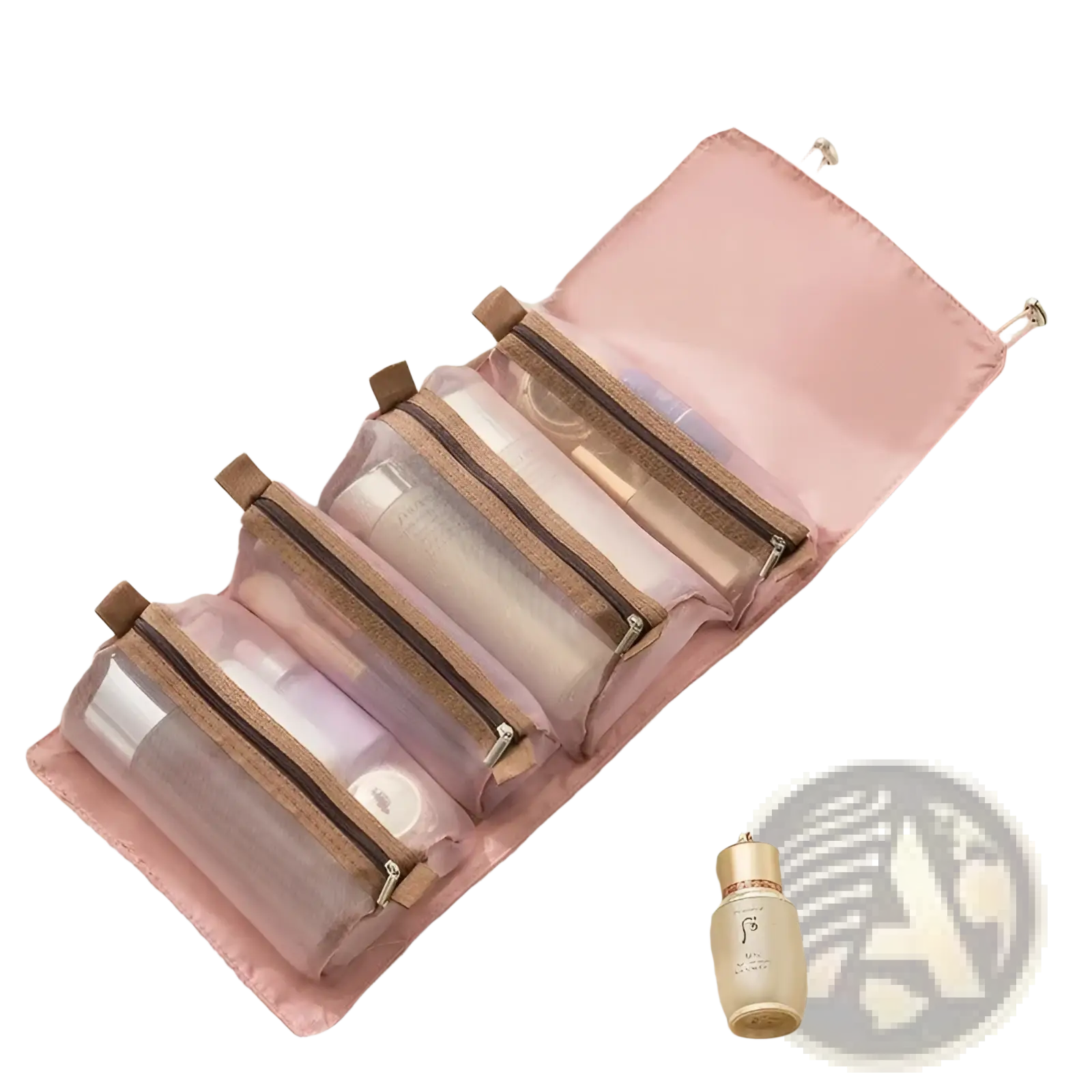 Pink satin 4 in 1 travel makeup bag with transparent mesh compartments and brown zipper pulls for toiletry organization