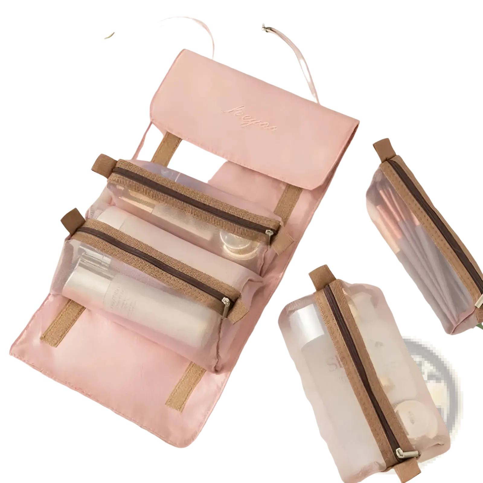 Pink roll-up 4 in 1 travel makeup bag with transparent front pockets and brown zipper pulls for toiletry organization