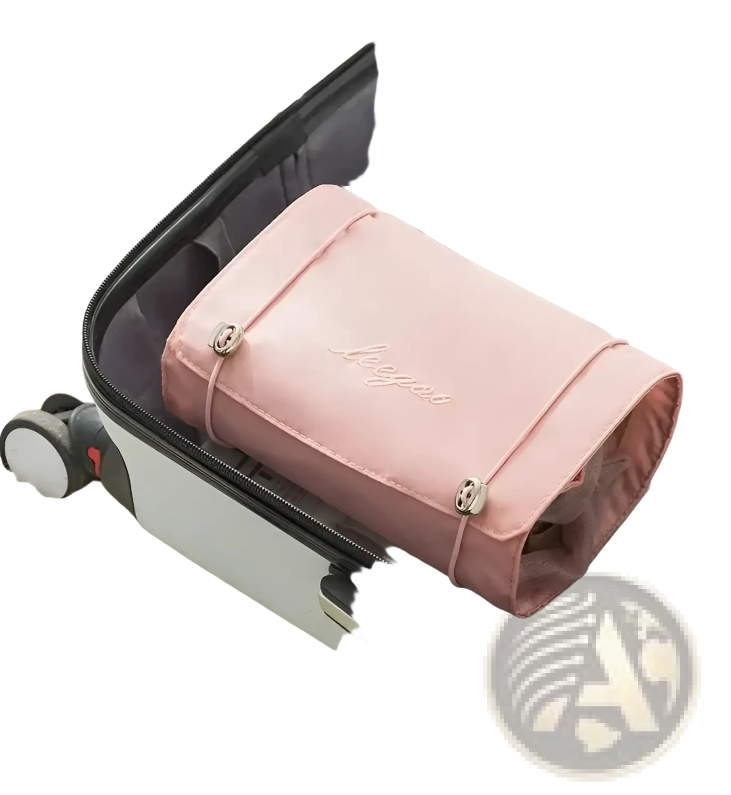 Pink fabric 4 in 1 travel makeup bag roll up toiletry organizer with silver toned metal clasps and embroidered branding