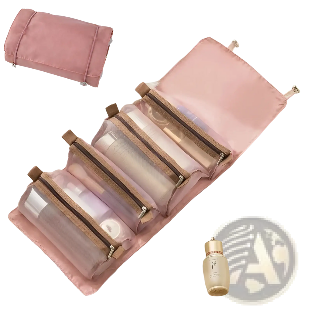Pink satin 4 in 1 travel makeup bag roll up toiletry organizer with four transparent zippered compartments and brown pulls