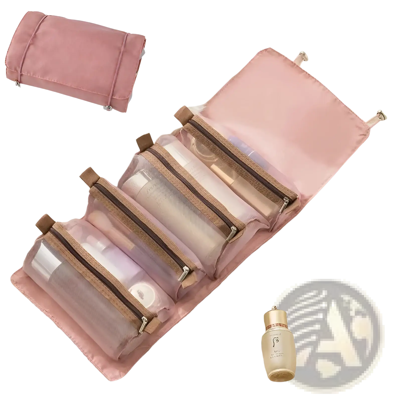 Pink satin 4 in 1 travel makeup bag roll up toiletry organizer with four transparent zippered compartments and brown pulls