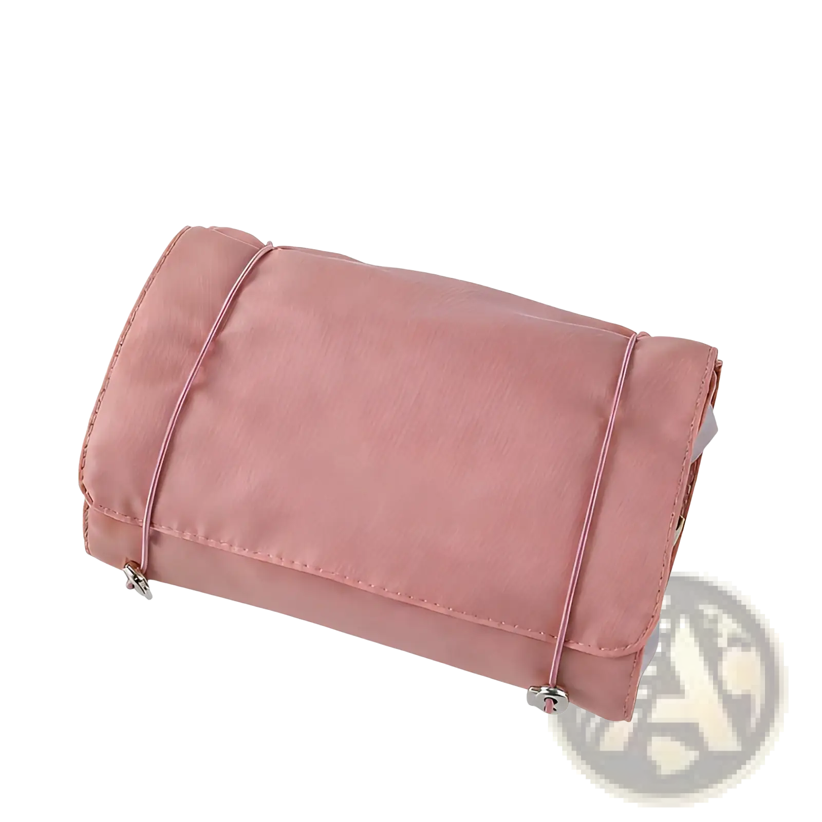 A sleek blush-pink nylon 4 in 1 travel makeup bag roll up toiletry organizer with adjustable straps and silver clasps