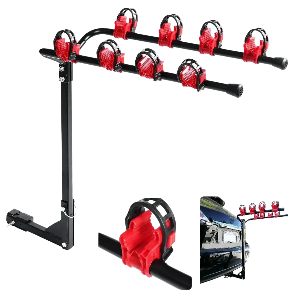 Black metal 4 bike car roof rack mount bicycle carrier with red plastic clamps for securing four bicycles