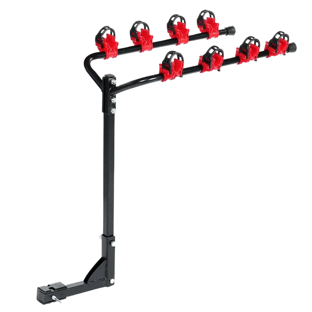 Black metal 4 bike car roof rack mount bicycle carrier with six red plastic clamps for securing bikes