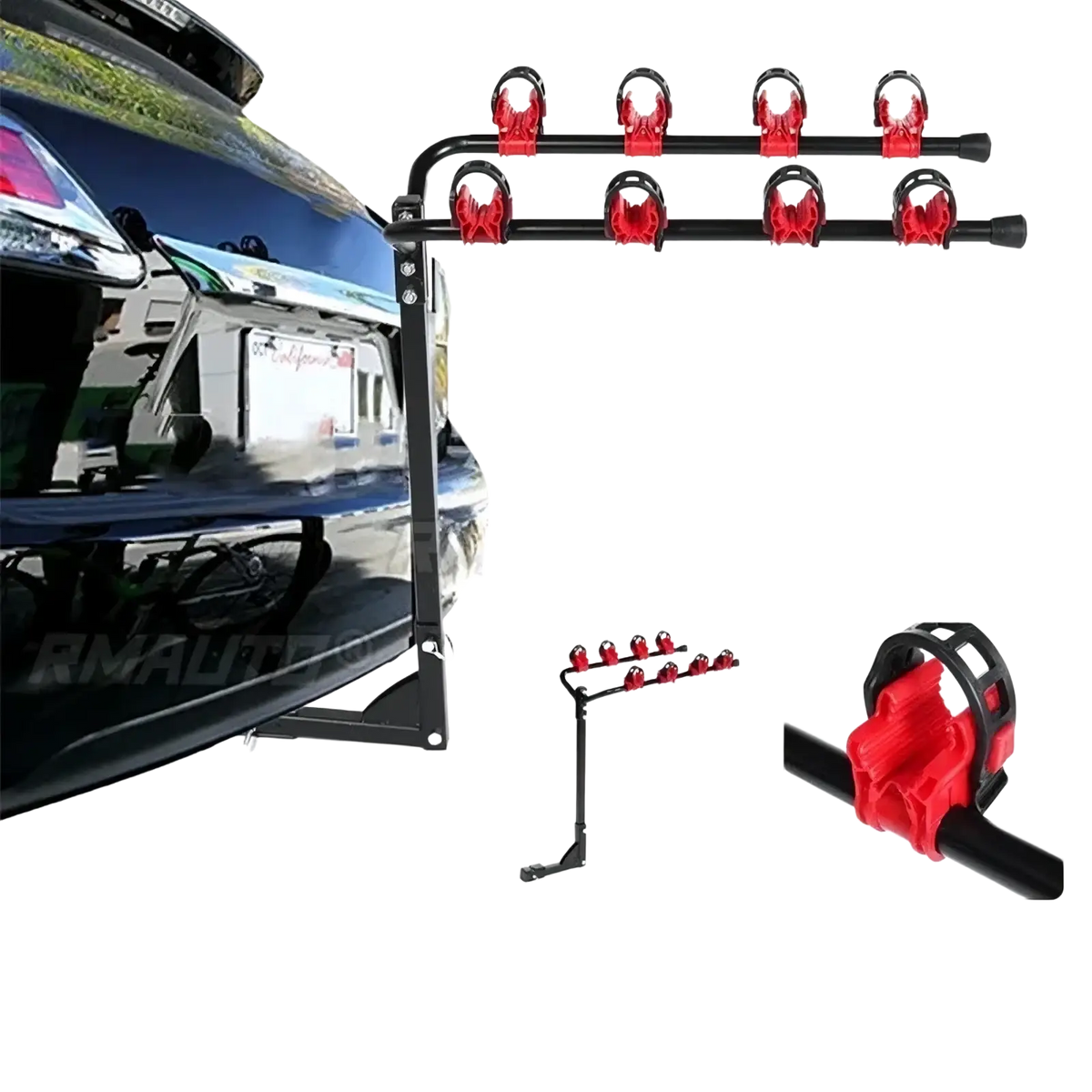 Black and red 4 bike car roof rack mount bicycle carrier with six adjustable clamps for secure bike attachment