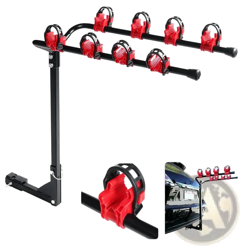 Black metal 4 bike car roof rack mount bicycle carrier with red plastic clamps for securing four bicycles