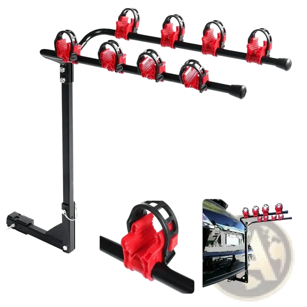 Black metal 4 bike car roof rack mount bicycle carrier with red plastic clamps for securing four bicycles