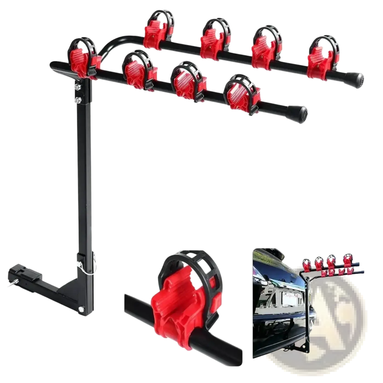 Black metal 4 bike car roof rack mount bicycle carrier with red plastic clamps for securing four bicycles