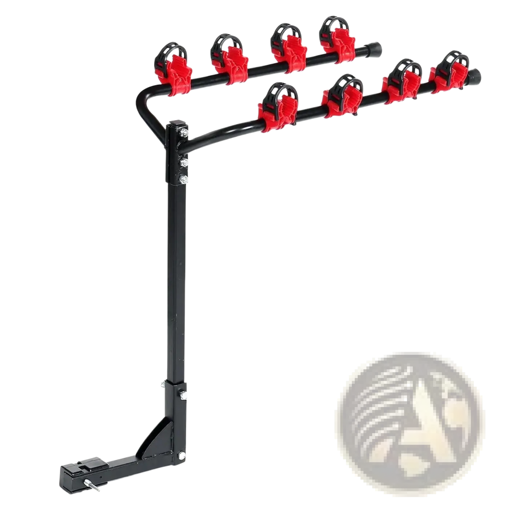 Black metal 4 bike car roof rack mount bicycle carrier with six red plastic clamps for securing bikes
