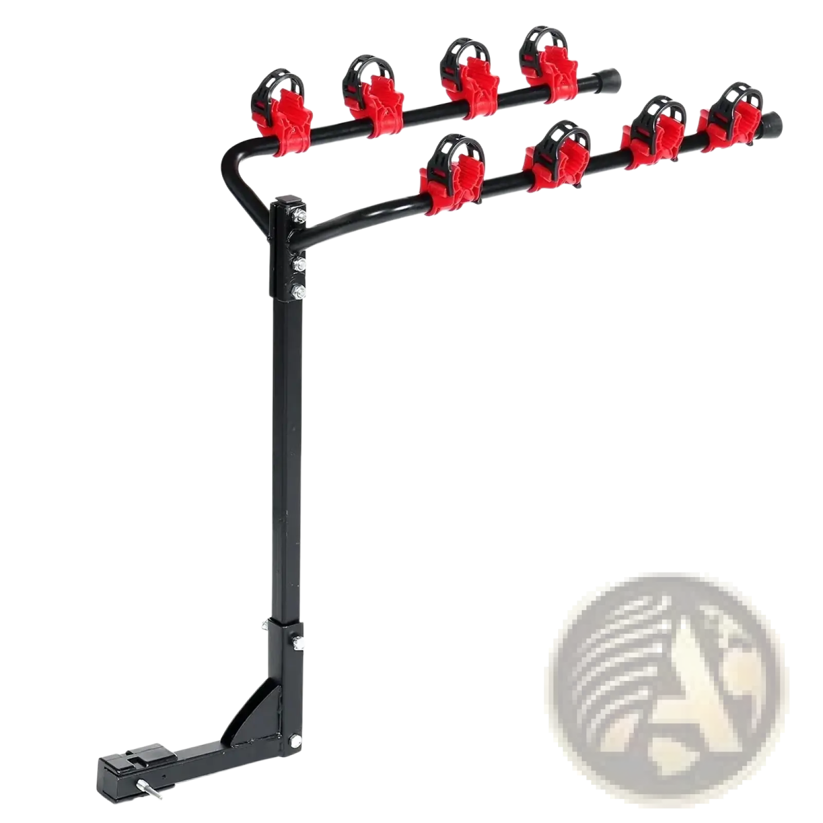Black metal 4 bike car roof rack mount bicycle carrier with six red plastic clamps for securing bikes