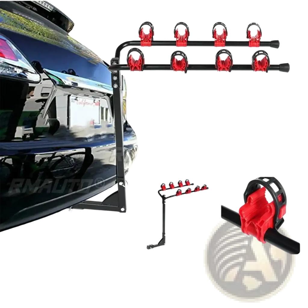 Four-bike car roof rack in black and red with adjustable clamps for secure bicycle transport on vehicle roof