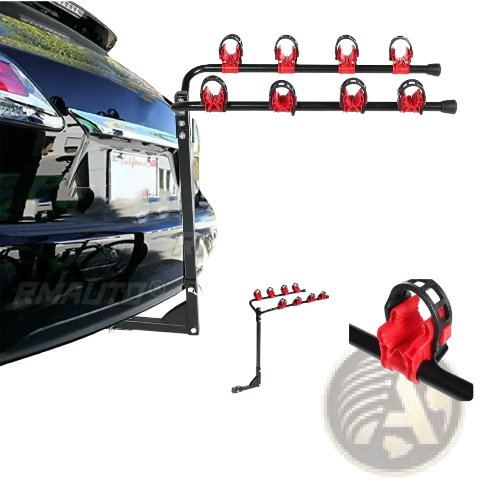 Four-bike car roof rack in black and red with adjustable clamps for secure bicycle transport on vehicle roof
