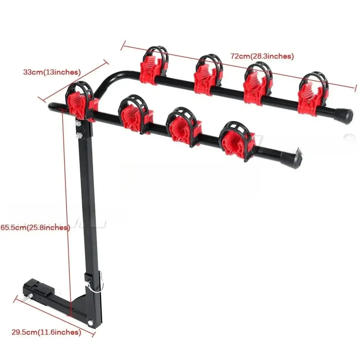 Black and red 4 bike car roof rack mount bicycle carrier with six adjustable clamps for secure bike mounting