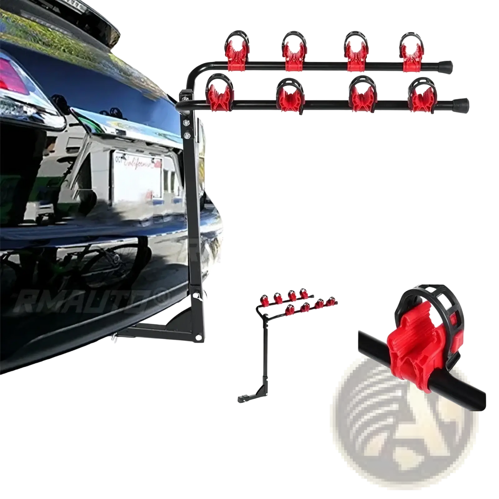 Black and red 4 bike car roof rack mount bicycle carrier with six adjustable clamps for secure bike attachment