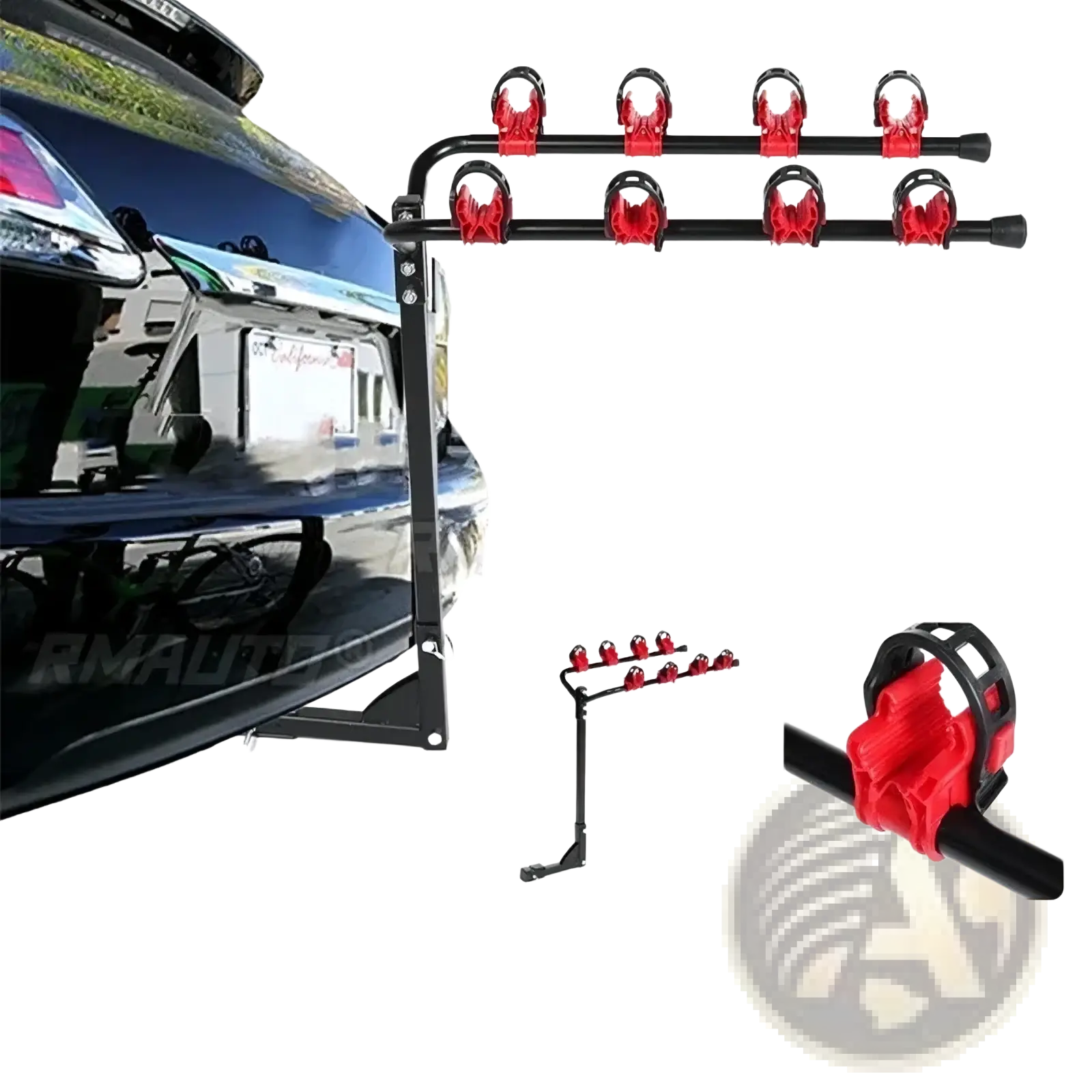 Black and red 4 bike car roof rack mount bicycle carrier with six adjustable clamps for secure bike attachment