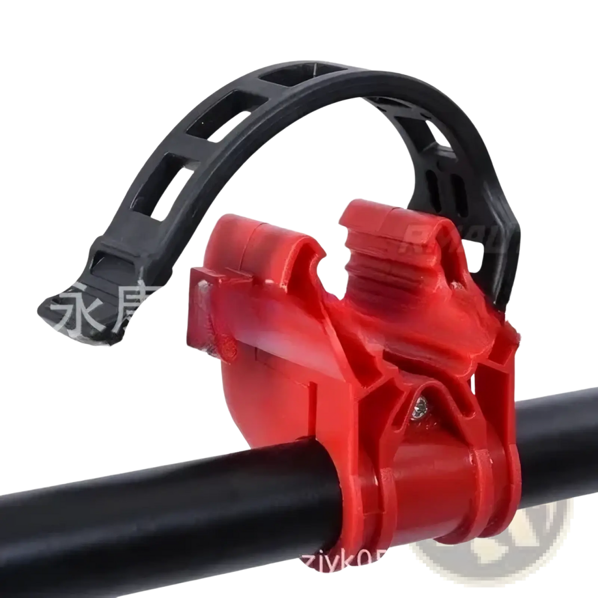 Red plastic pipe clamp with black adjustable band for 4 bike car roof rack mount bicycle carrier secure installation