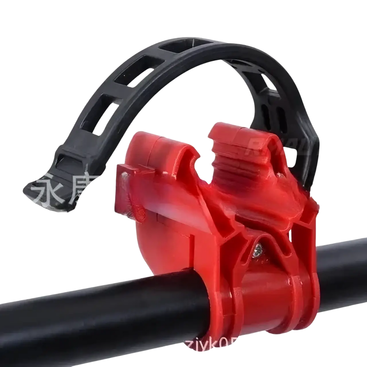 Red plastic pipe clamp with black adjustable band for 4 bike car roof rack mount bicycle carrier secure installation