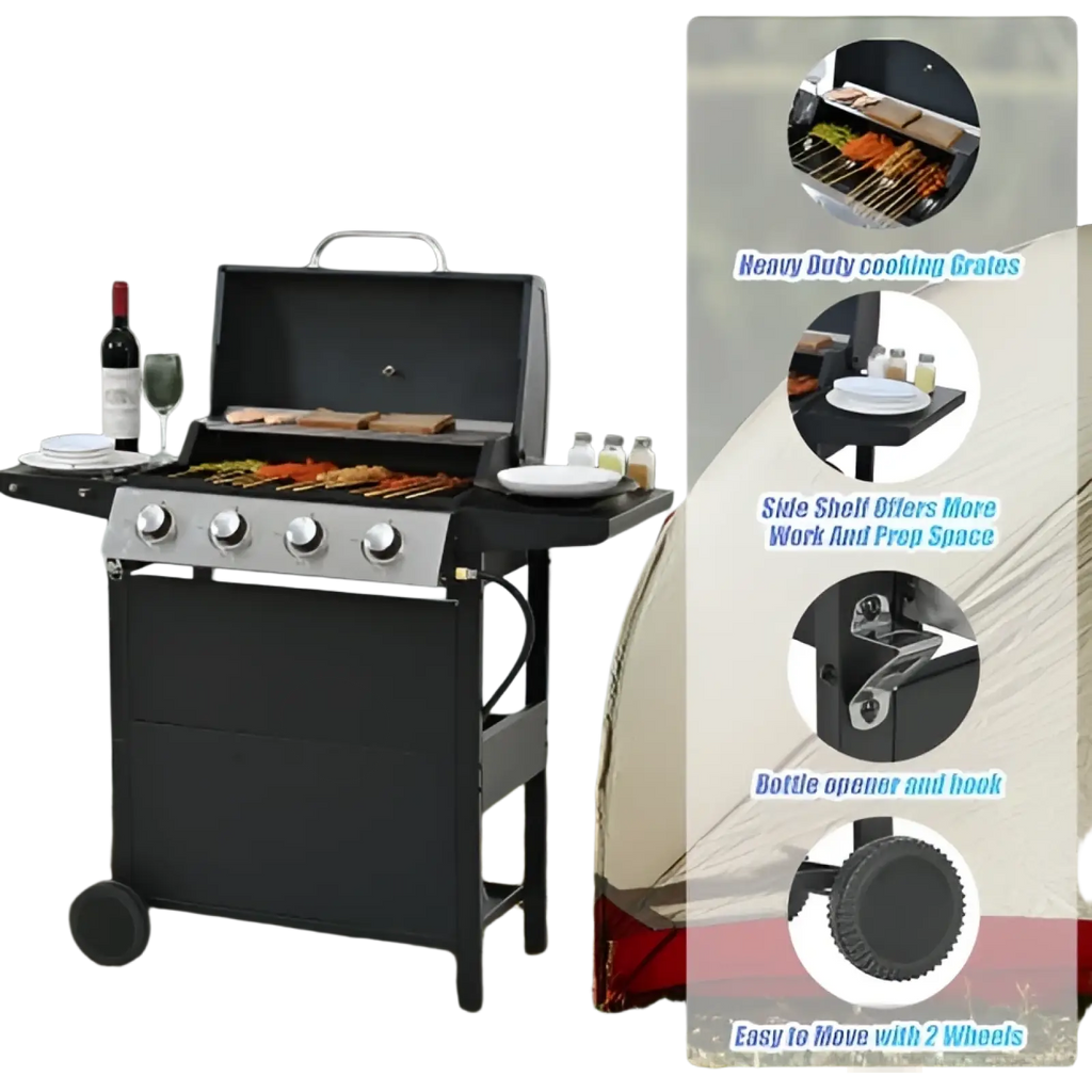 Black 4 burner propane gas grill with stainless steel control knobs and side shelves for outdoor cooking