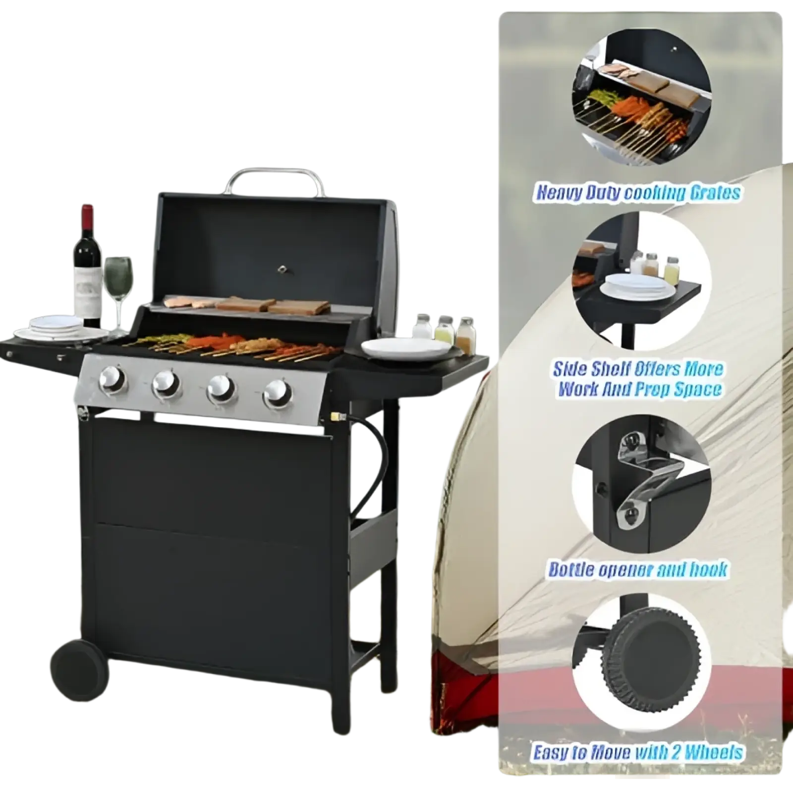 Black 4 burner propane gas grill with stainless steel control knobs and side shelves for outdoor cooking