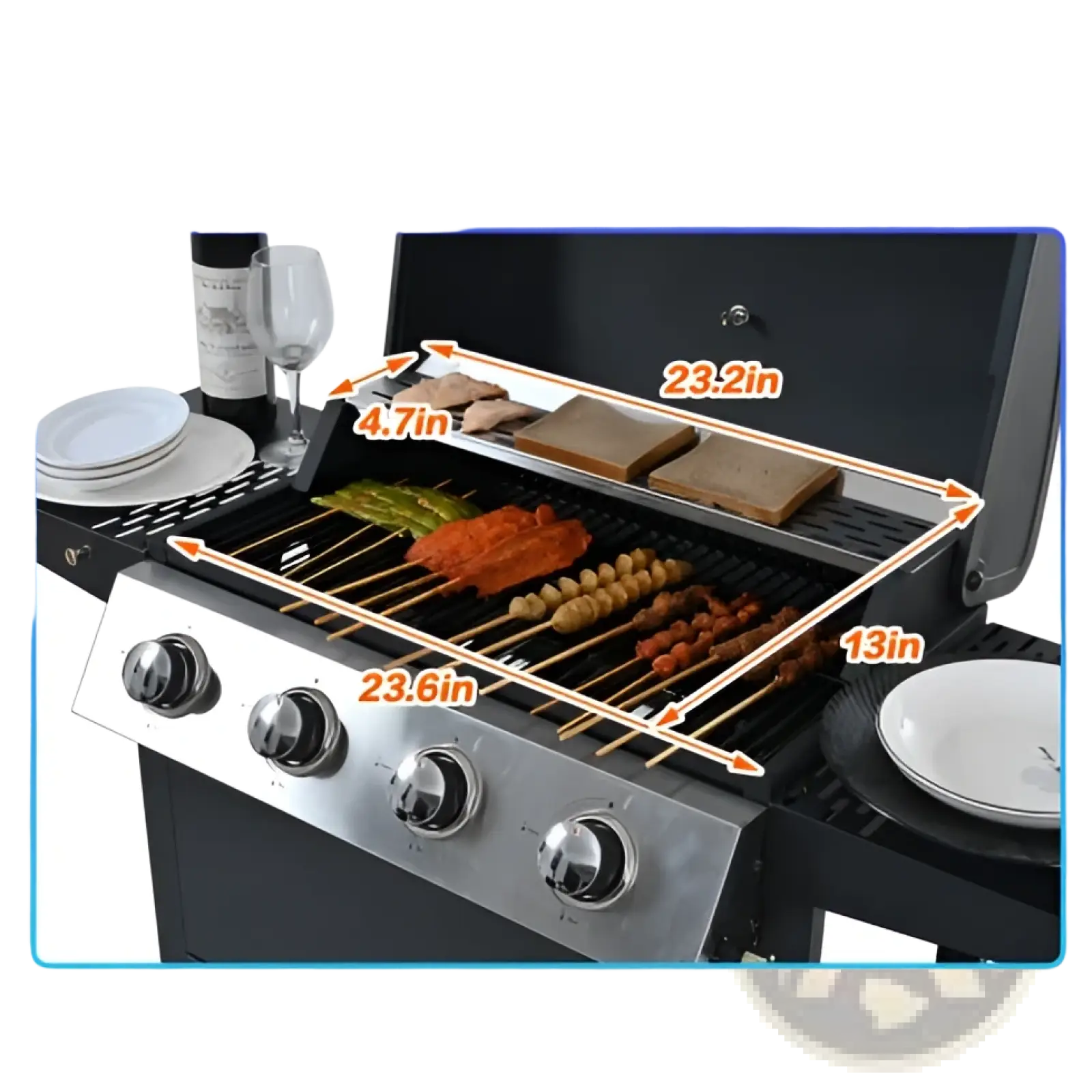 4 burner propane gas grill 34000 btu stainless steel with black plastic knobs grilling skewered meats outdoors