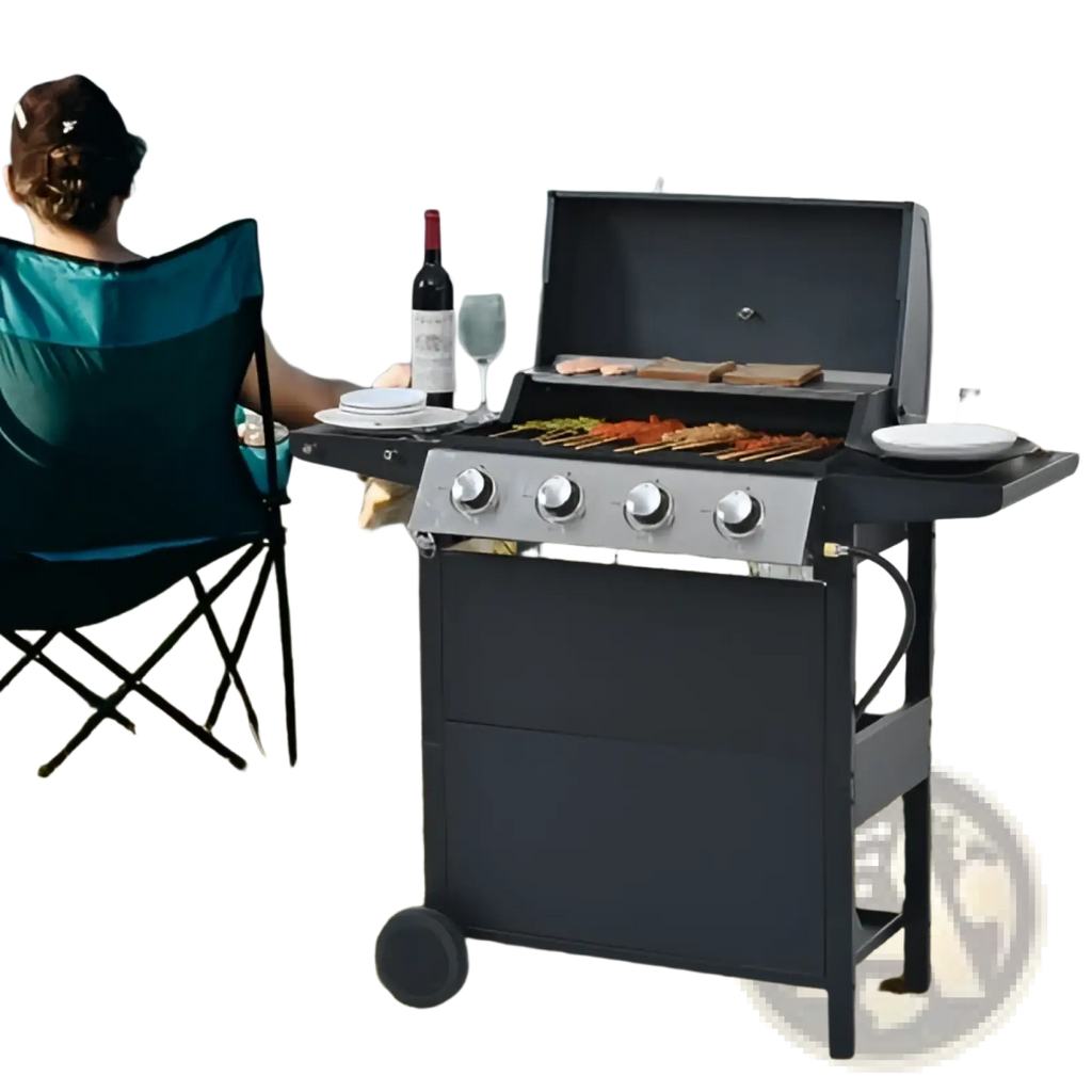 Black 4 burner propane gas grill with silver control knobs stainless steel side shelves and 34000 btu output