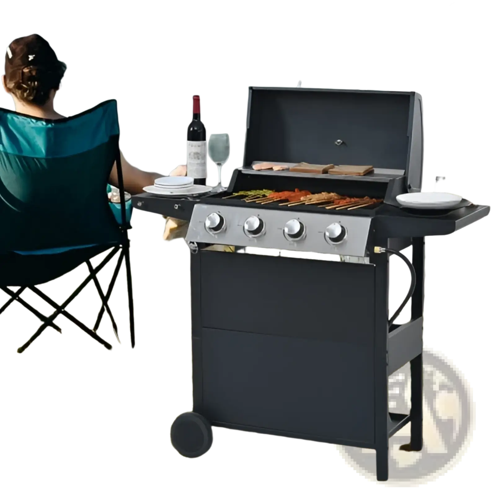 Black 4 burner propane gas grill with silver control knobs stainless steel side shelves and 34000 btu output