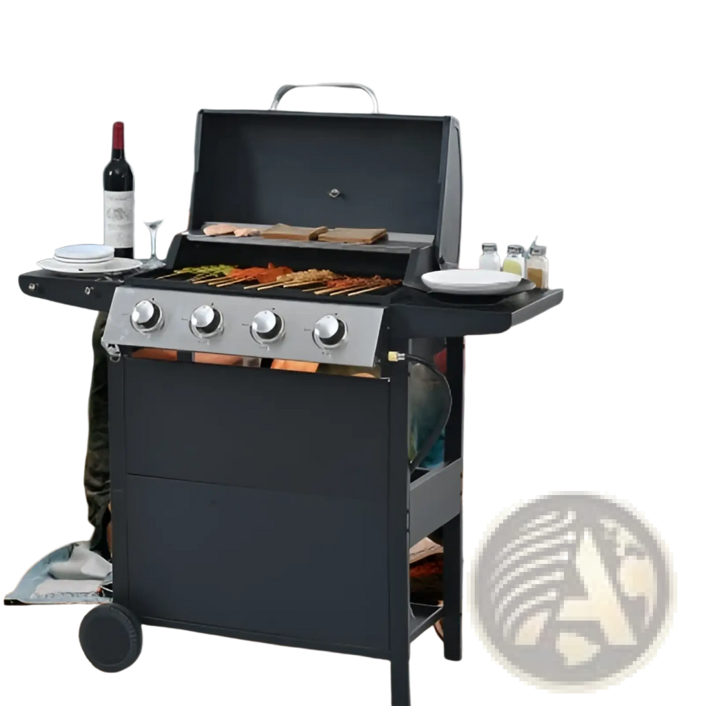 Black 4 burner propane gas grill with stainless steel control knobs and side shelves 34000 btu cooking power
