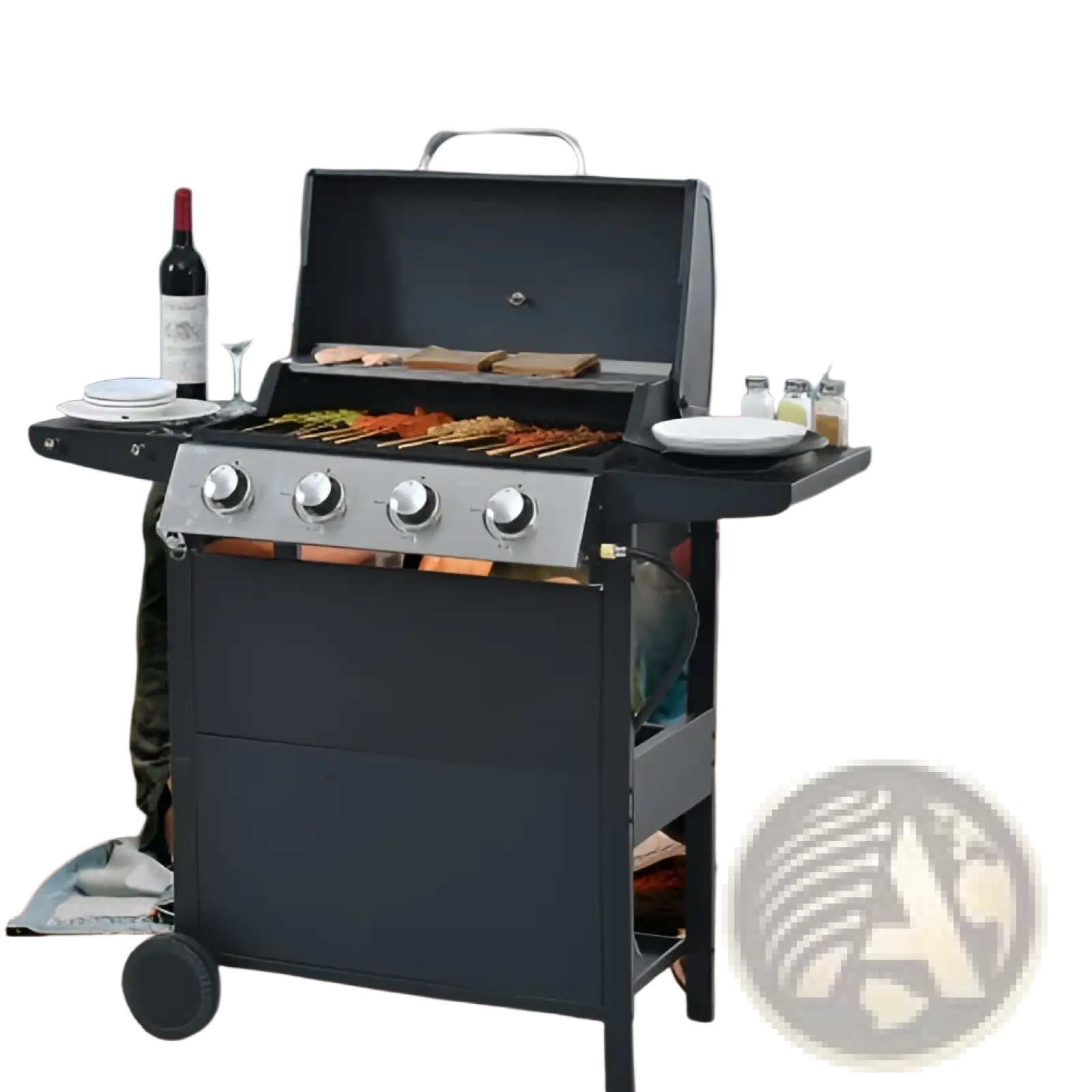Black 4 burner propane gas grill with stainless steel control knobs and side shelves 34000 btu cooking power