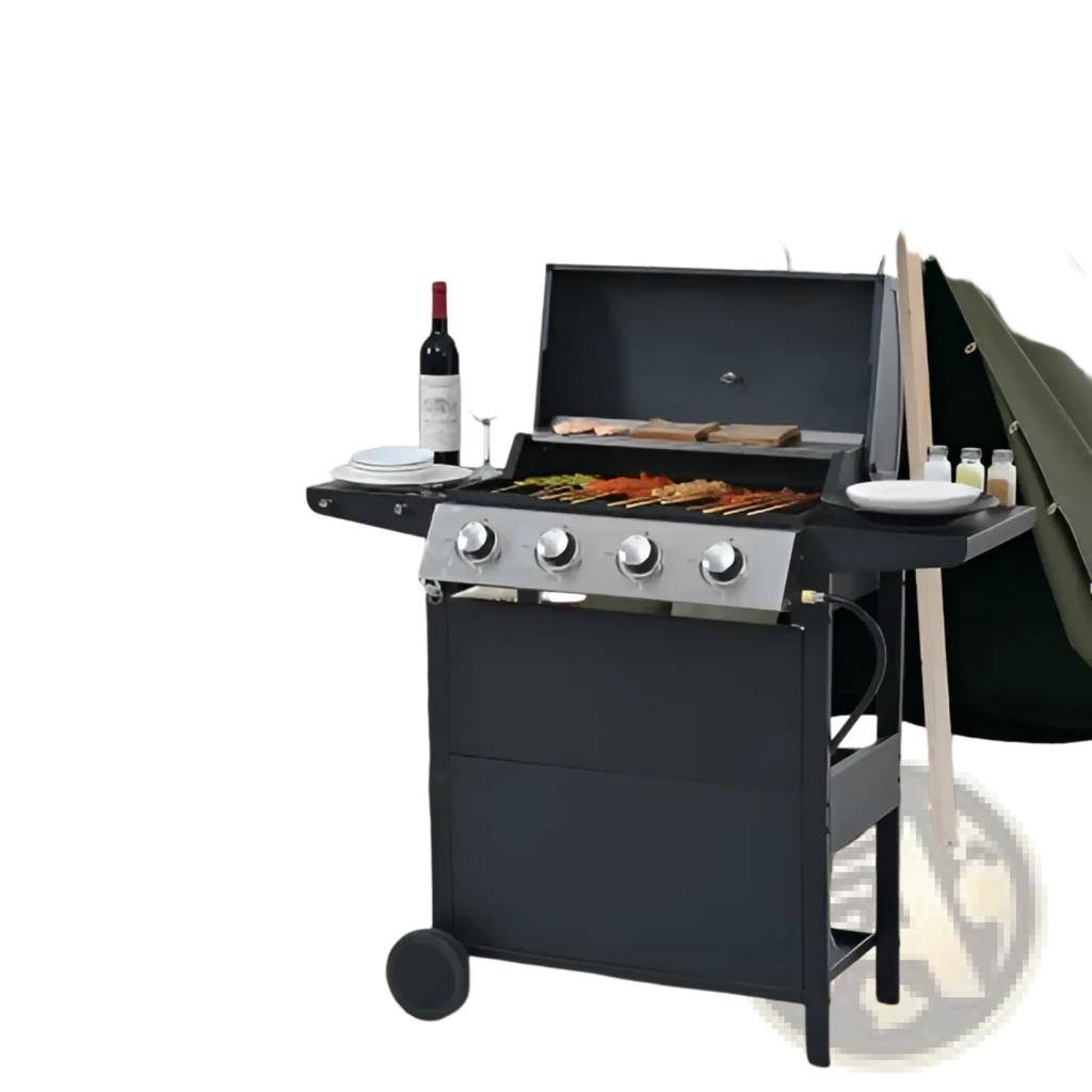 Black 4 burner propane gas grill with stainless steel control knobs and side shelves featuring 34000 BTU output