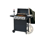 Black 4 burner propane gas grill with stainless steel control knobs and side shelves featuring 34000 BTU output