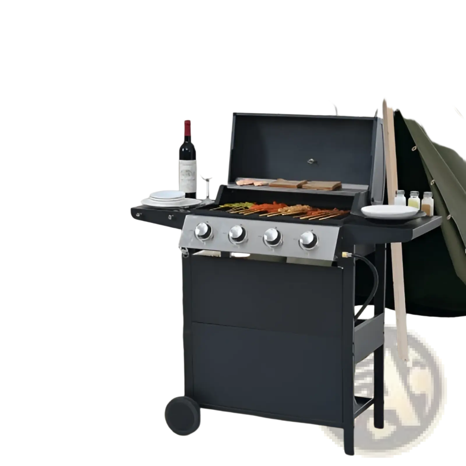 Black 4 burner propane gas grill with stainless steel control knobs and side shelves featuring 34000 BTU output