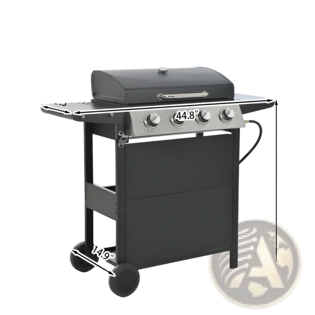 Black stainless steel 4 burner propane gas grill with 34000 btu and side shelf for outdoor cooking