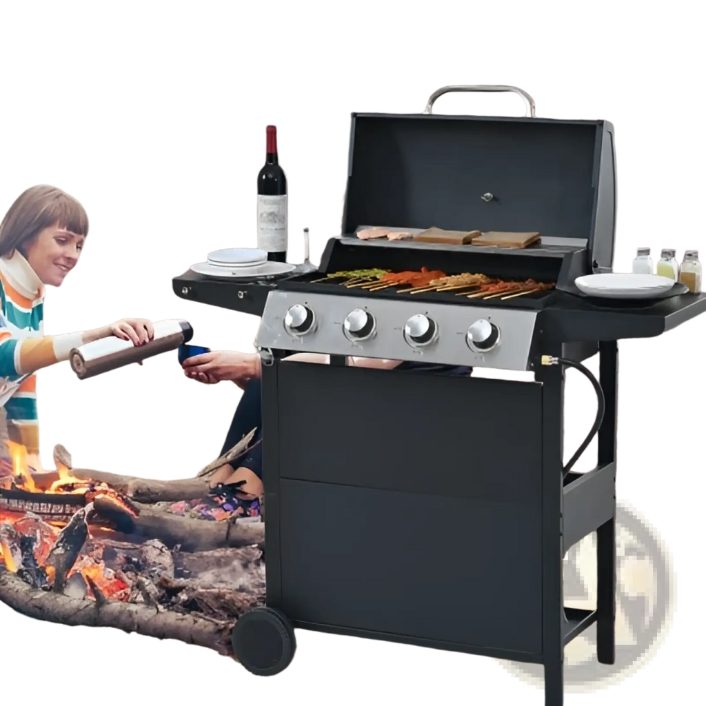 Black stainless steel 4 burner propane gas grill 34000 btu with silver knobs and side table holding plates and wine bottle