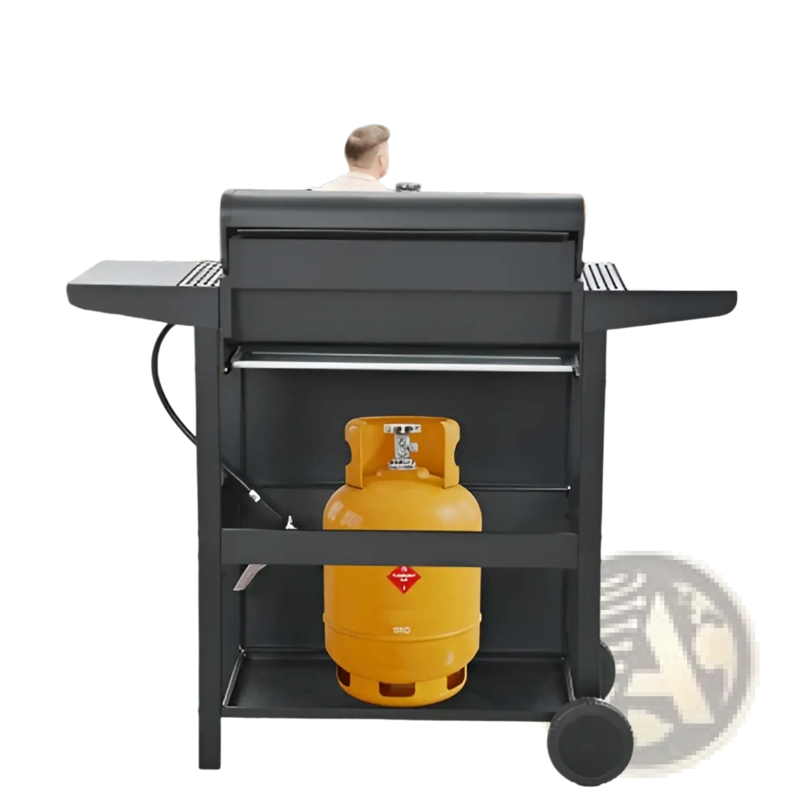 Black metal 4 burner propane gas grill cart with wheels and yellow propane tank inside stainless steel design