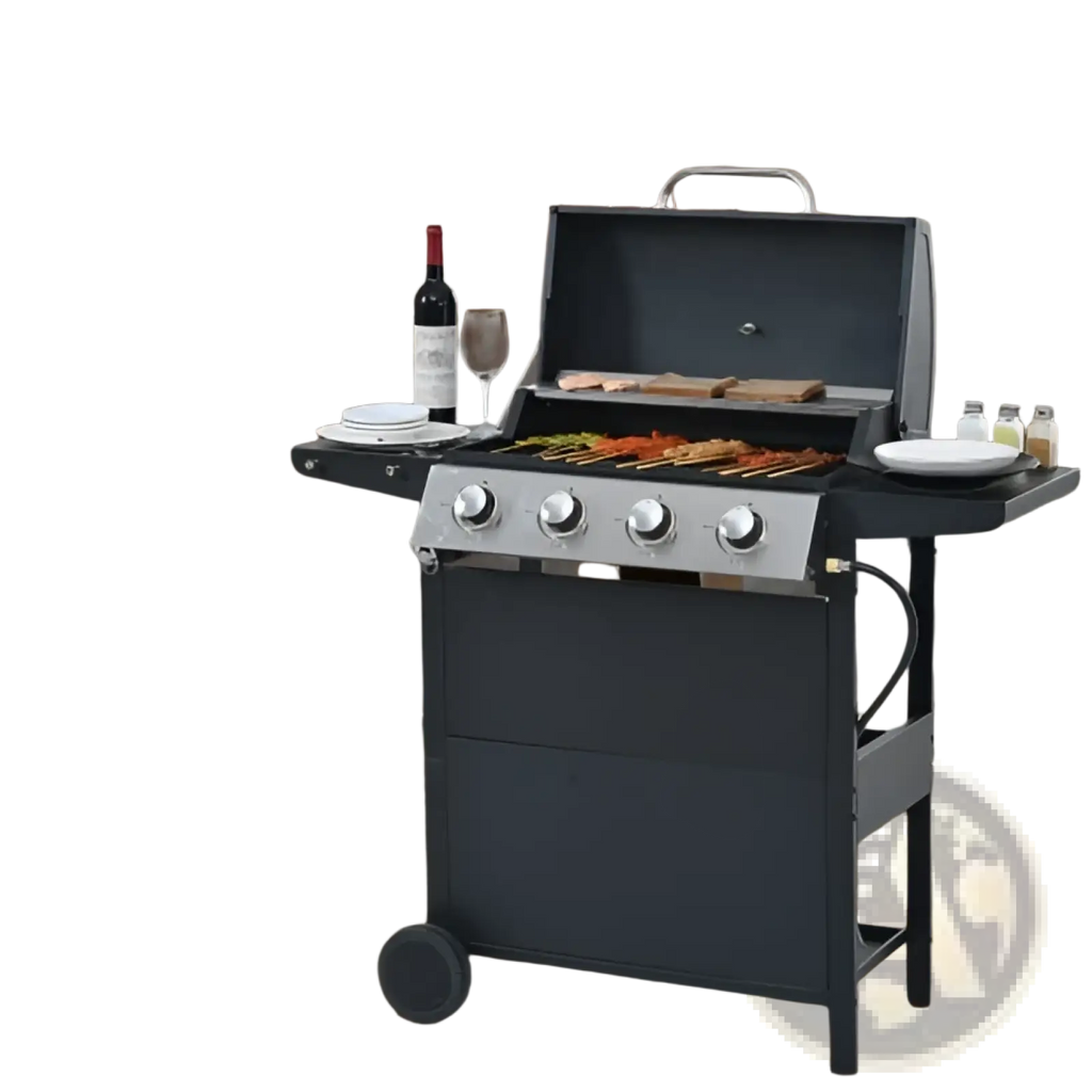 Black 4 burner propane gas grill with silver control knobs stainless steel side shelves and 34000 btu output