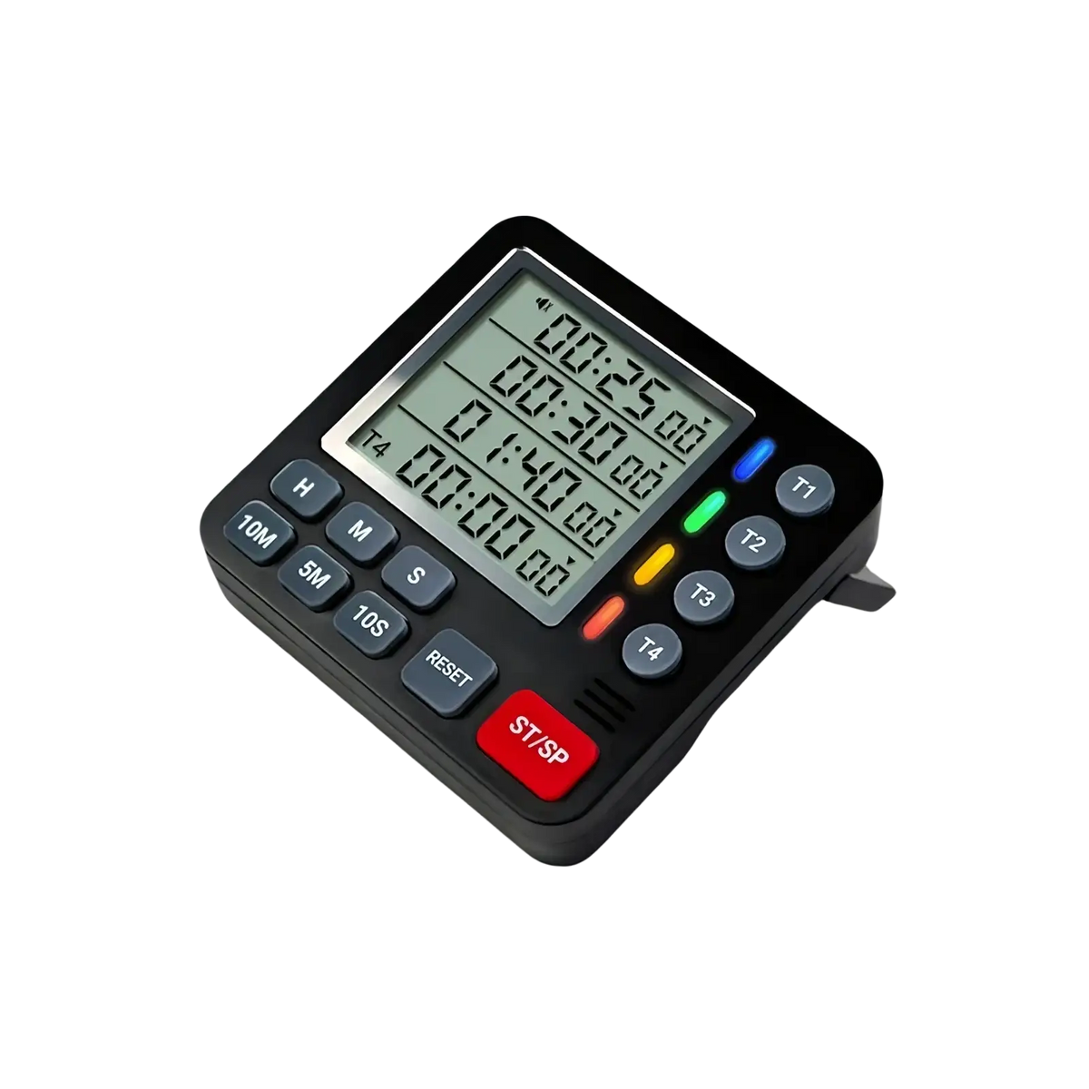 Black 4-channel magnetic digital kitchen timer with four colorful buttons and red start stop button for precise timing