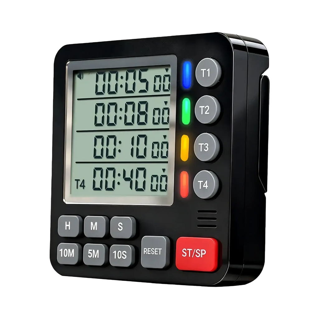 Black 4-channel magnetic digital kitchen timer with four countdown displays and color-coded buttons for t1 to t4