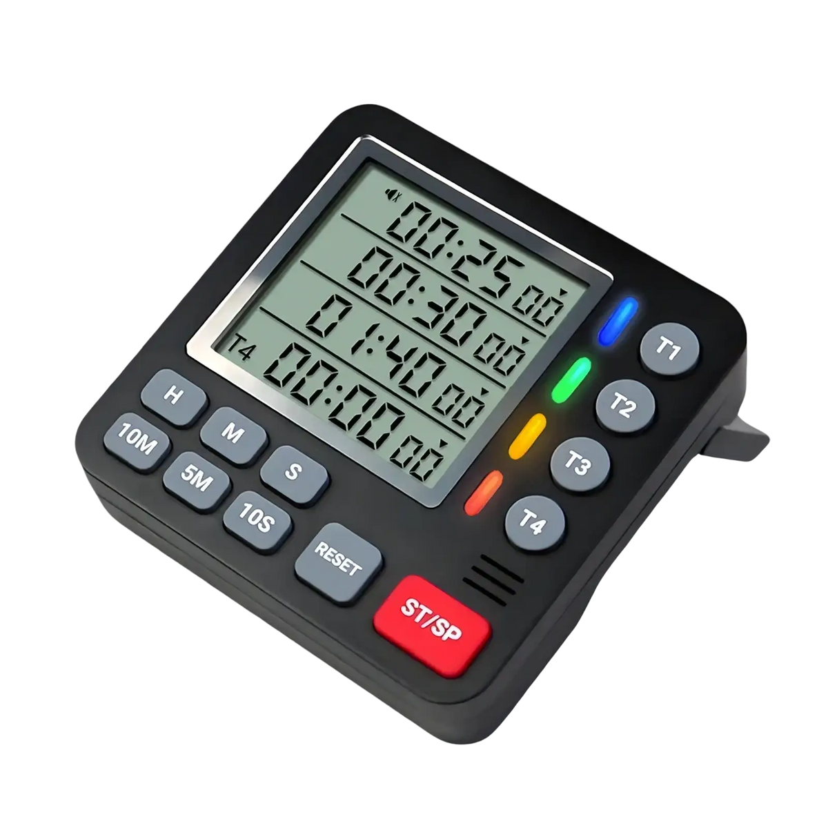 Black 4-channel magnetic digital kitchen timer with square display showing multiple countdowns and colored led indicators