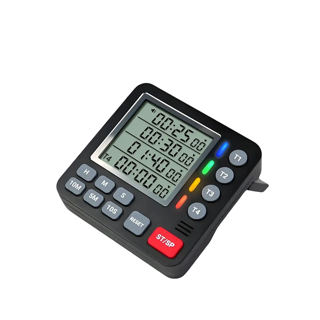 Black 4-channel magnetic digital kitchen timer with rectangular display, four colored LED indicators, and gray function buttons