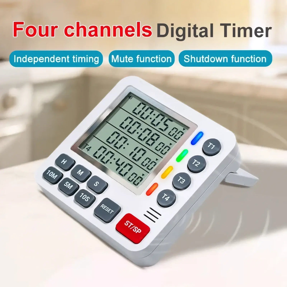 White 4-channel magnetic digital kitchen timer with four independent channels and multicolored function buttons on display