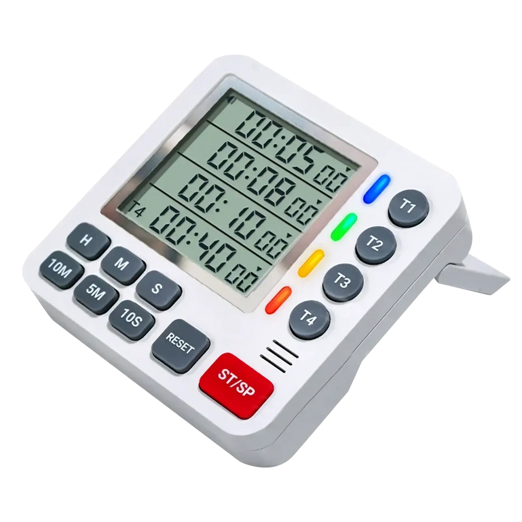 White 4-channel magnetic digital kitchen timer with rectangular display showing four timers and multiple function buttons